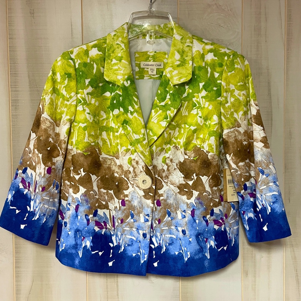 NWT Coldwater Creek Green Brown Blue White Abstract Button Blazer Cotton Sz 6P - Picture 3 of 7